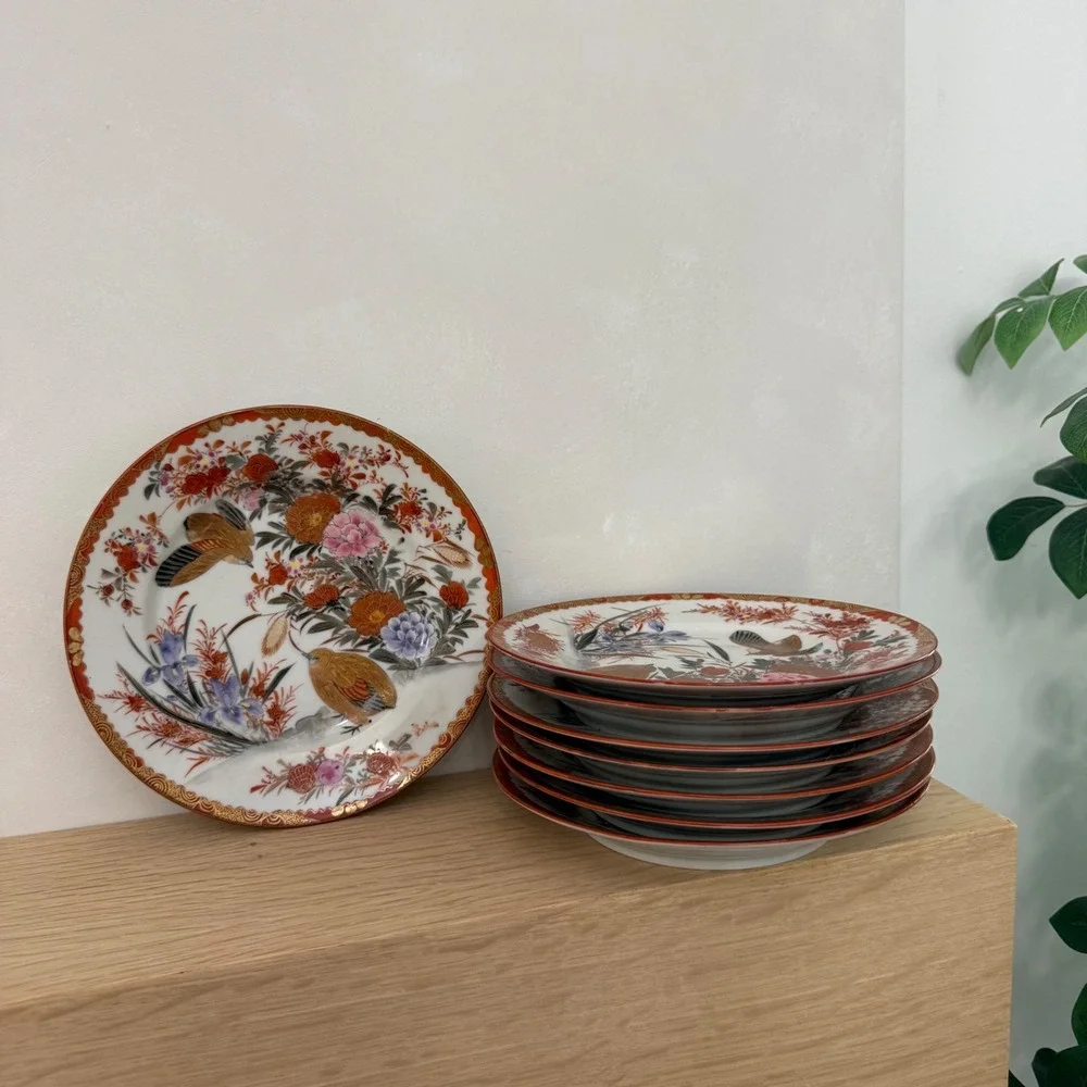 Vintage Japanese Kutani Antique Porcelain Bird Flower‎ Plates 8 Hand Painted 7